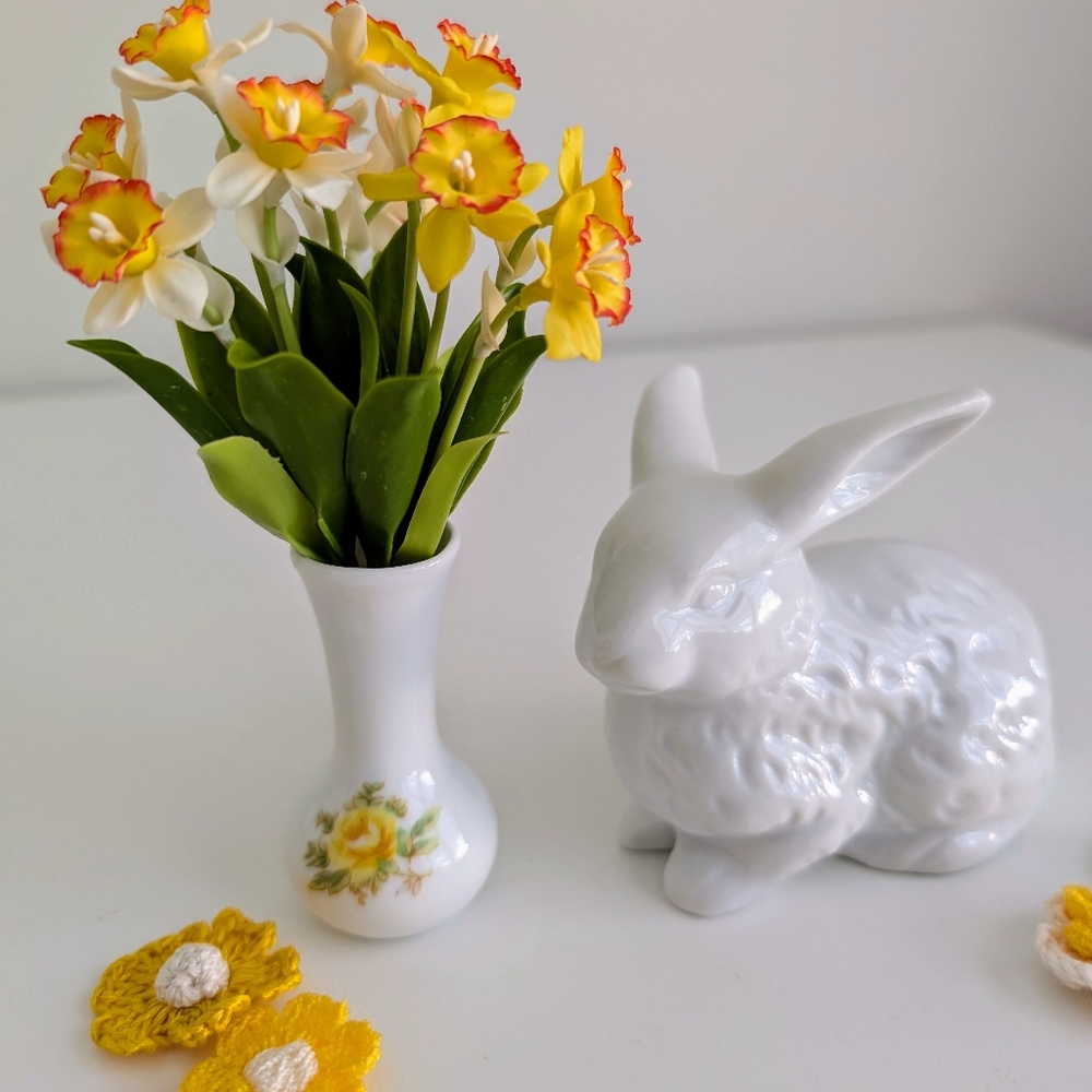 Handmade Miniature Daffodils Flowers, Vase, Bunny Rabbit Figurine Spring Easter